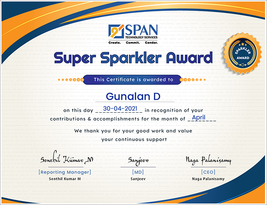 Super Sparkler Award certificate from SPAN Technology Services