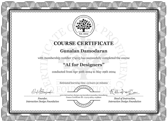 AI for Designers course certificate from the Interaction Design Foundation